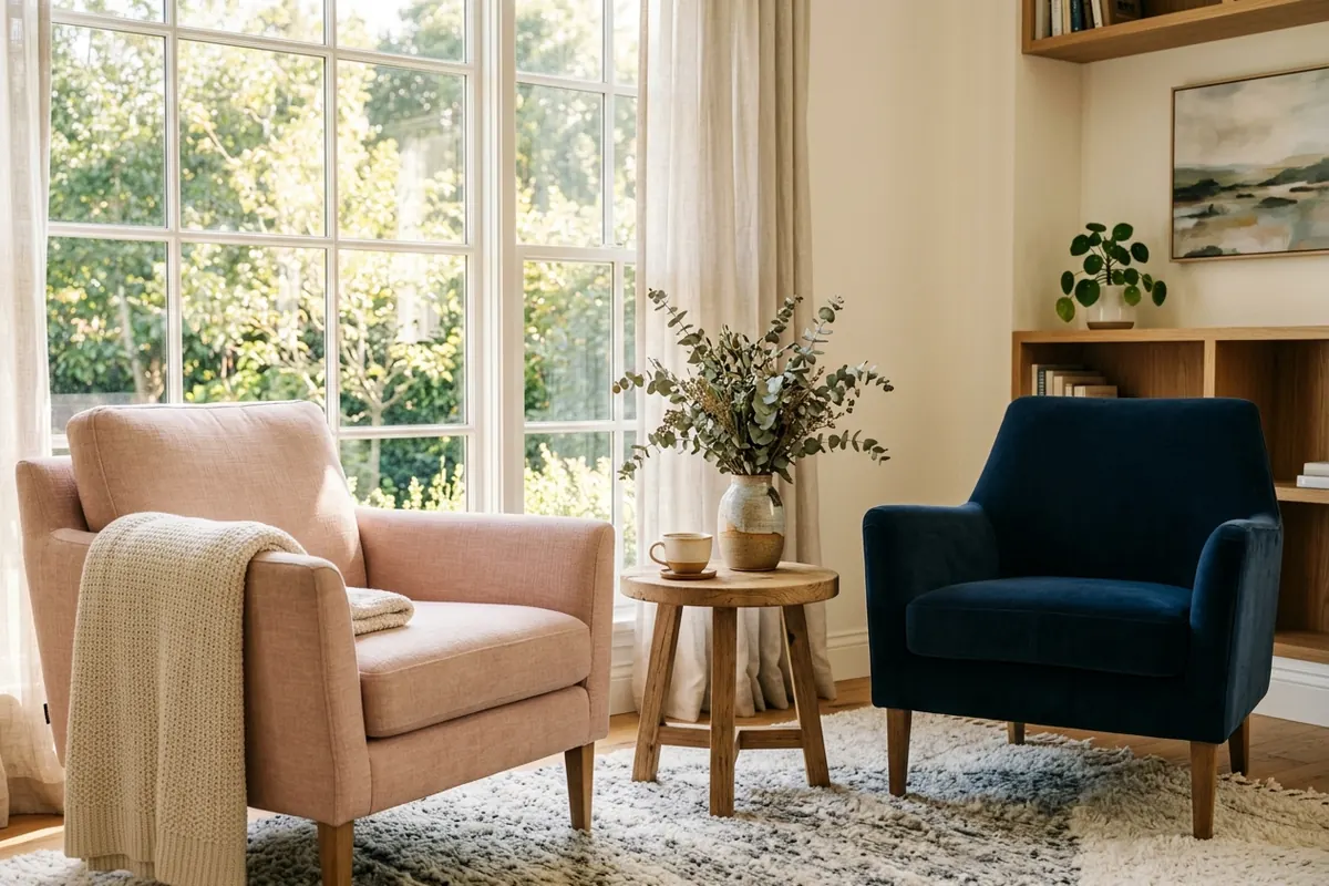 Two comfortable armchairs facing each other by a bright window with a small side table