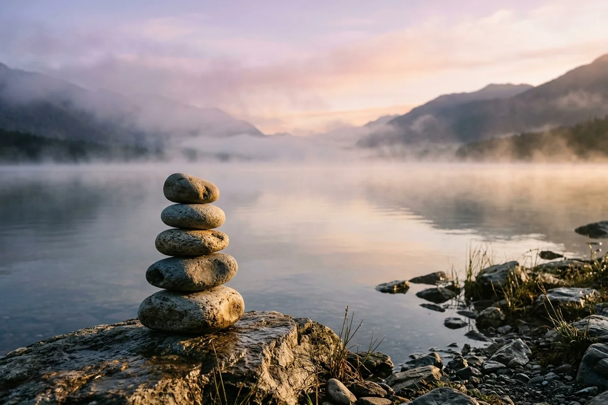 Smooth stacked stones balanced on the shore of a misty lake during a calm sunrise