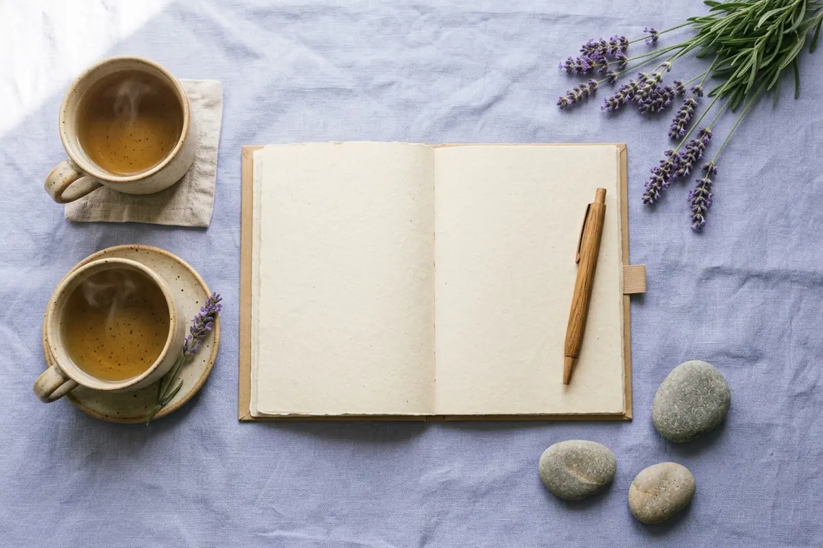 Open journal, wooden pen, two cups of herbal tea and lavender sprigs on linen