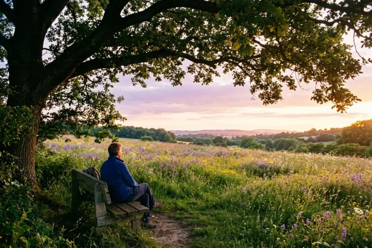Person sitting peacefully on a wooden park bench under a tree overlooking an open meadow