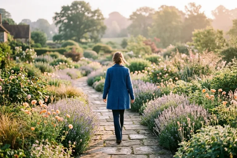 Person seen from behind walking calmly along a curved garden path lined with morning wildflowers