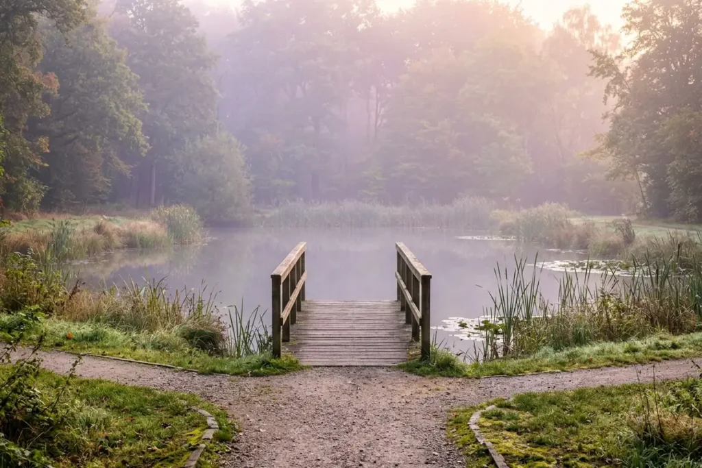 A wooden footbridge over a calm pond in early morning light