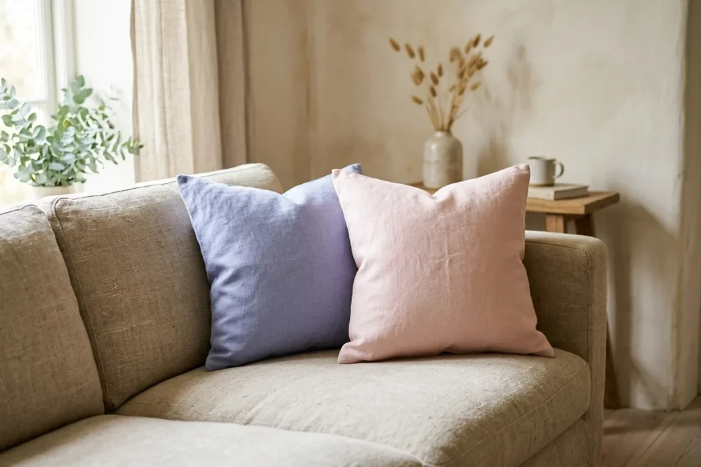 Two cushions on a linen sofa in soft warm light