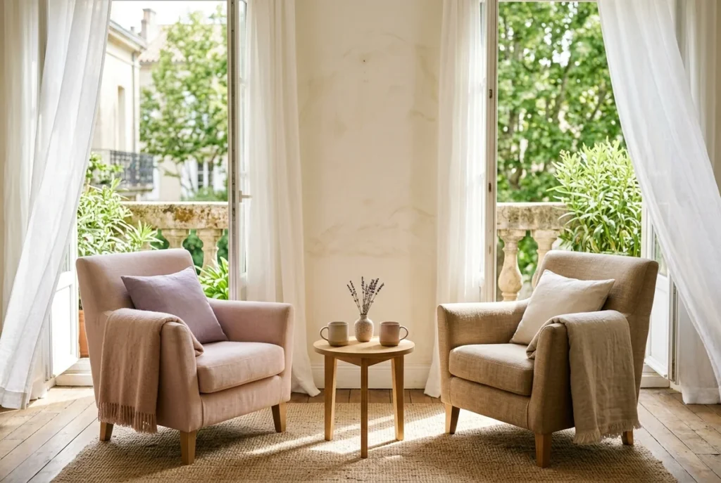 Two comfortable armchairs facing each other by a French balcony window with two mugs on a table