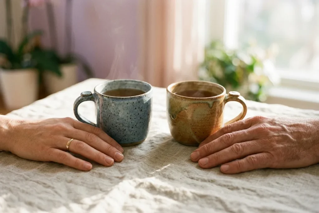 Two hands resting on a linen tablecloth beside two ceramic mugs