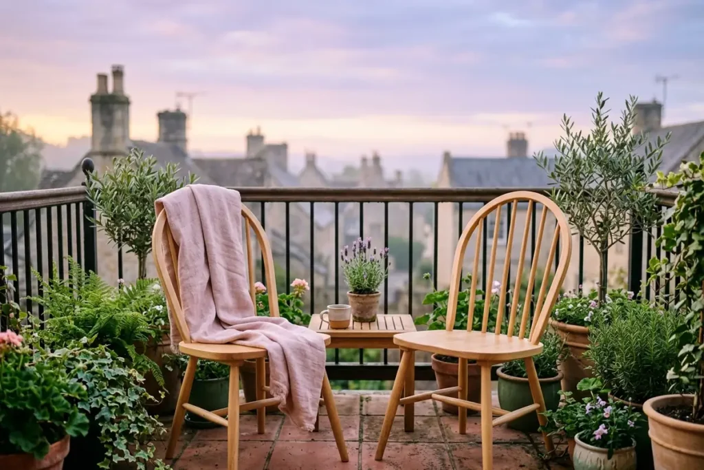 Two wooden chairs on a plant-filled balcony overlooking rooftops at sunrise