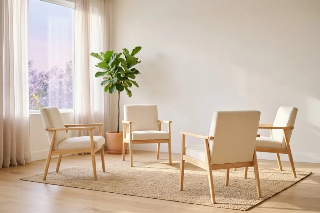 Four chairs arranged in a loose circle in a bright room