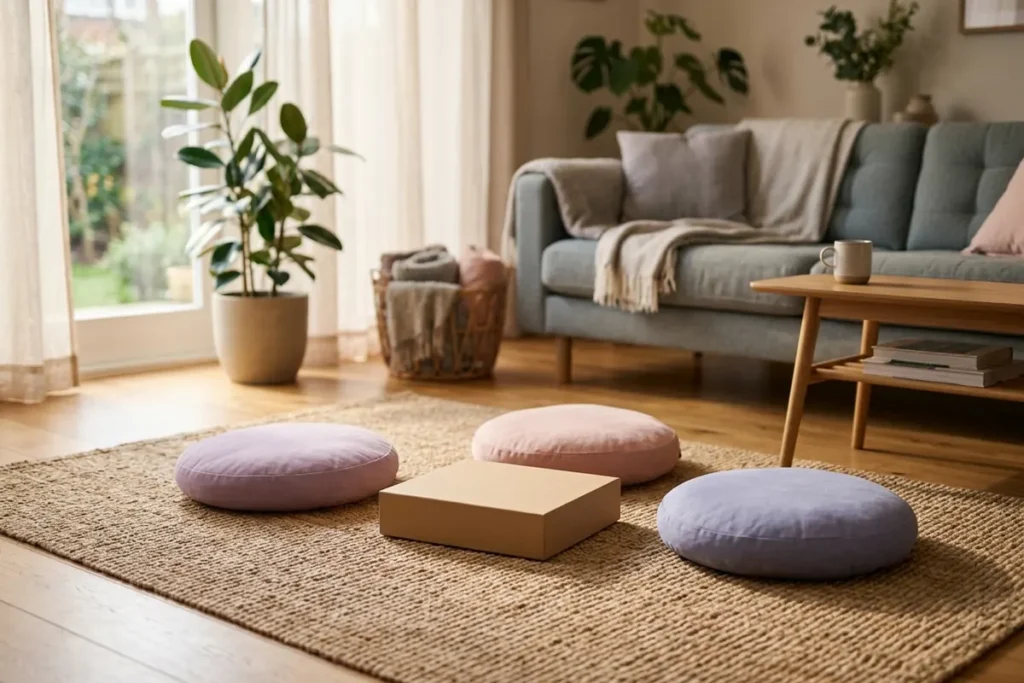 Three floor cushions around a box on a woven living room rug
