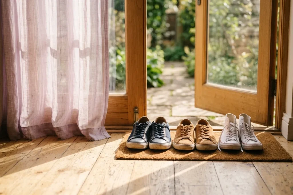 Three pairs of shoes lined up on a mat by an open, sunlit doorway