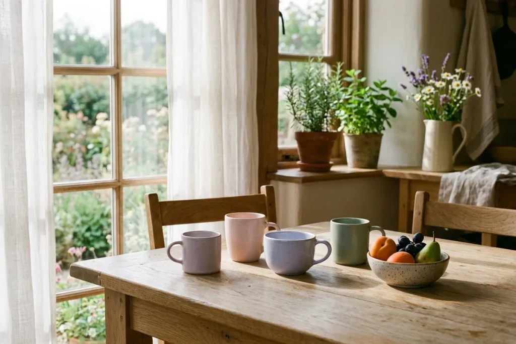 Four ceramic mugs and a fruit bowl on a sunlit wooden table