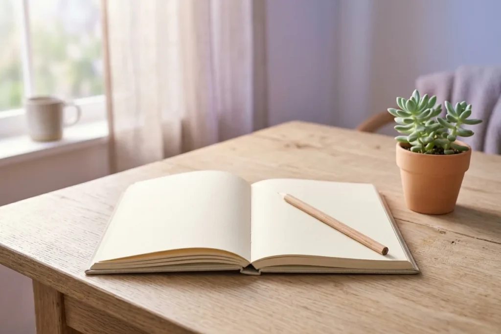 An open blank notebook, pencil, and potted plant on a wooden desk