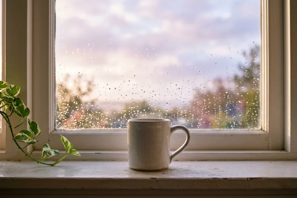 A ceramic mug on a windowsill with raindrops on the glass