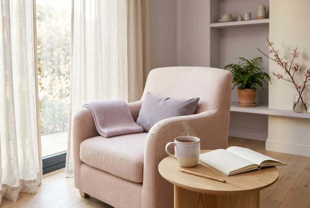 A comfortable therapy armchair beside a small round table with a mug and open journal in a sunlit room