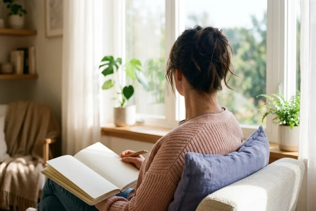 Person seen from behind sitting by a bright window with an open notebook