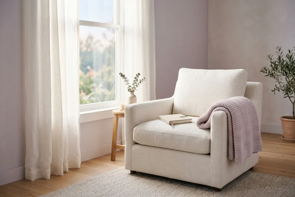 An armchair with a blanket and closed journal beside a sunlit window