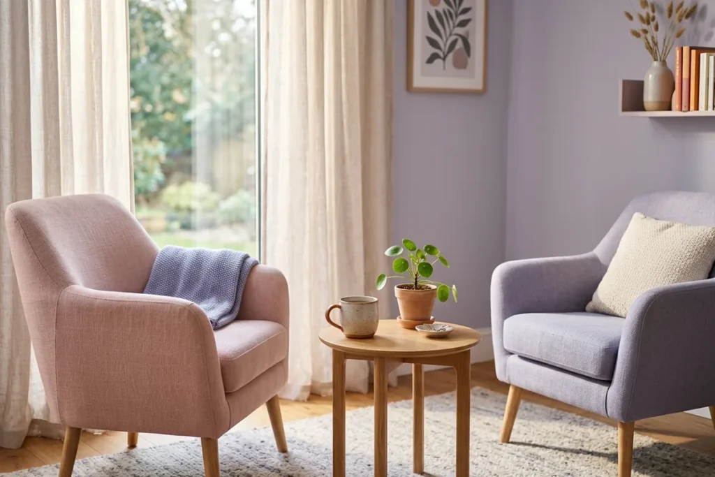 Two soft armchairs facing each other beside a small wooden table with a mug and a plant in a sunlit room