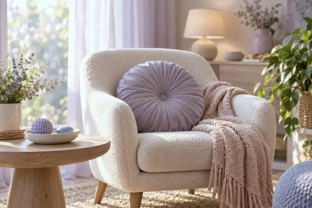 A chair with a cushion beside a small dish holding a fidget ball and a smooth stone