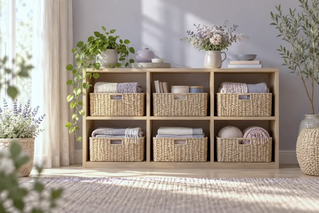 Woven storage baskets neatly arranged on open shelves with a plant