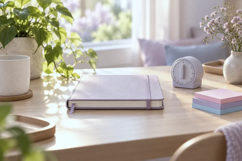 A tidy desk with a closed planner, an analogue timer and blank sticky notes