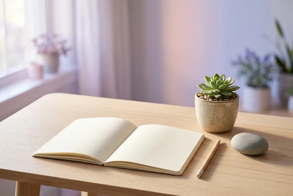 An open blank notebook, a pencil and a smooth stone on a sunlit wooden desk
