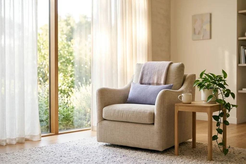 A linen armchair by a sunlit window beside a small table with a cup of tea and a trailing plant