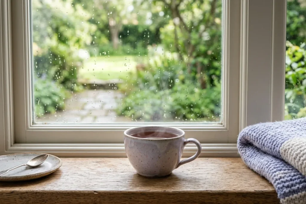 A cup of tea on a windowsill with soft raindrops on the glass behind it