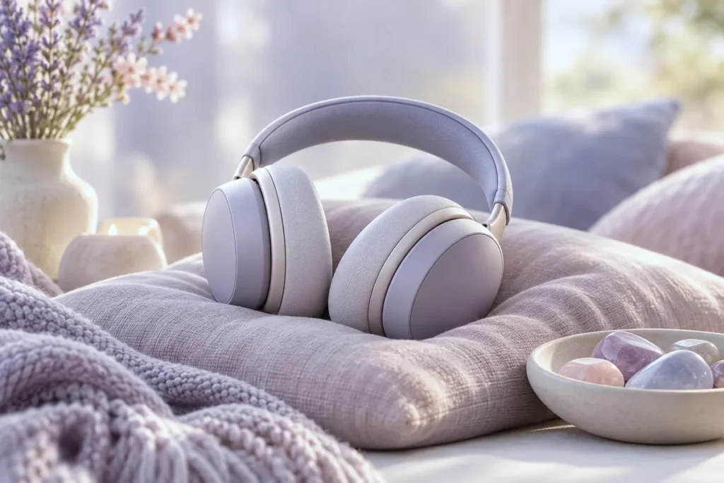 Over-ear headphones resting on a cushion beside a dish of smooth stones
