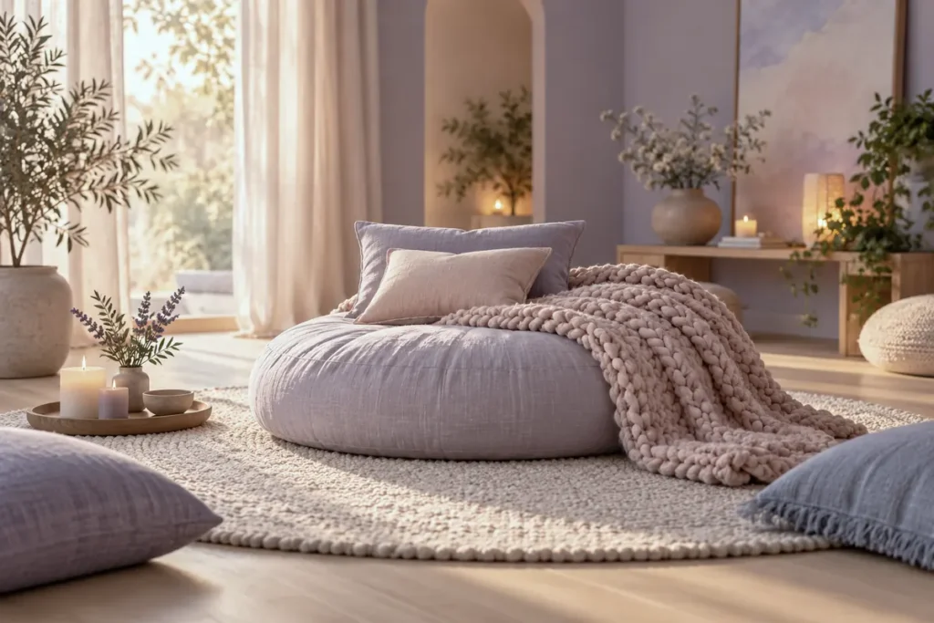 A calm room with warm dim lighting, a round floor cushion and a knit blanket