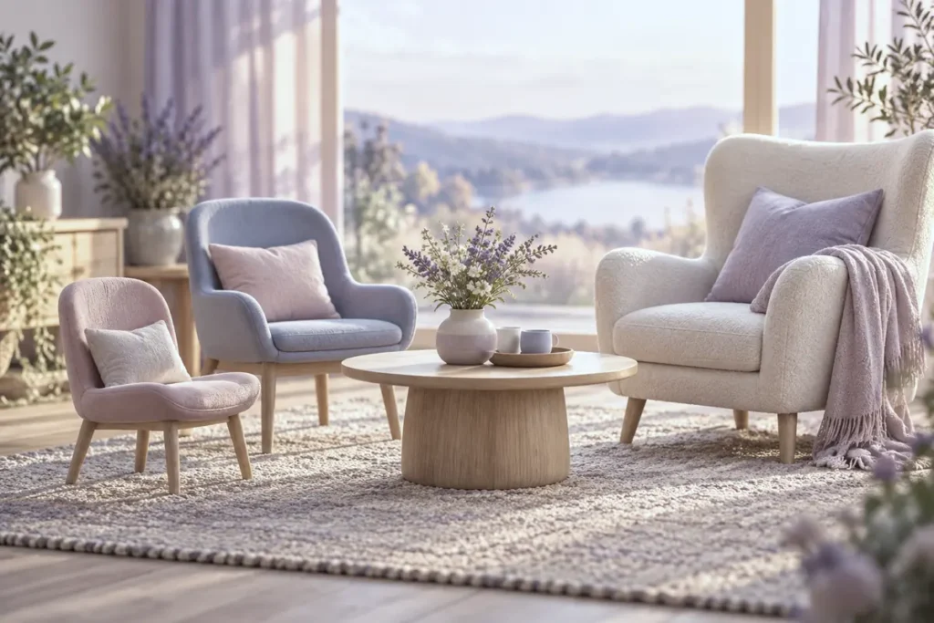 Three chairs of different sizes arranged around a low round table