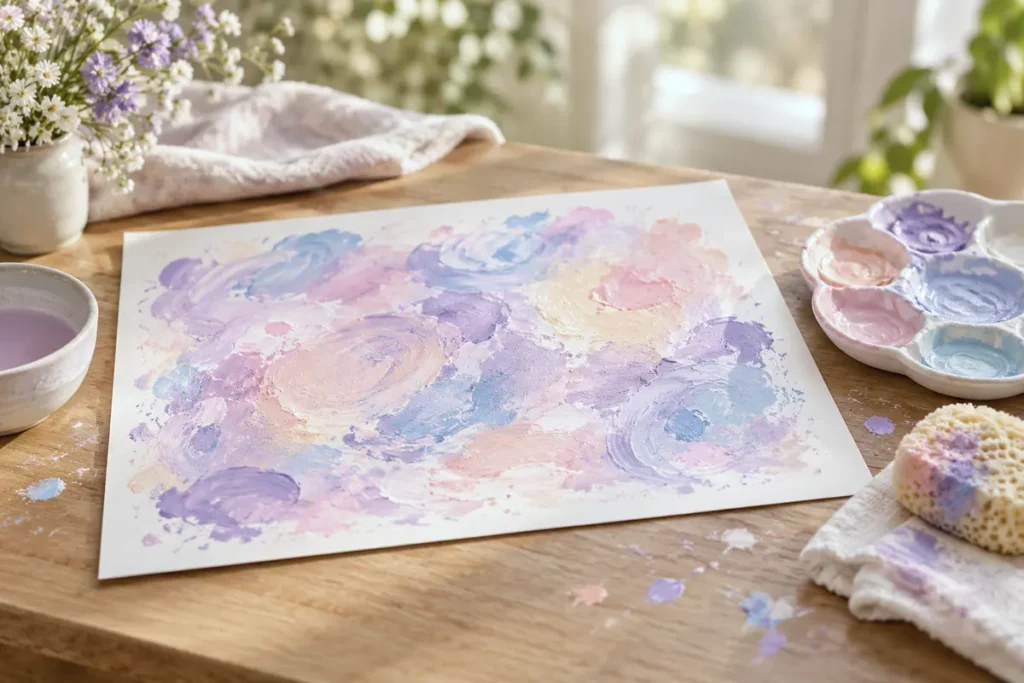 An abstract pastel painting drying on a table beside a paint palette