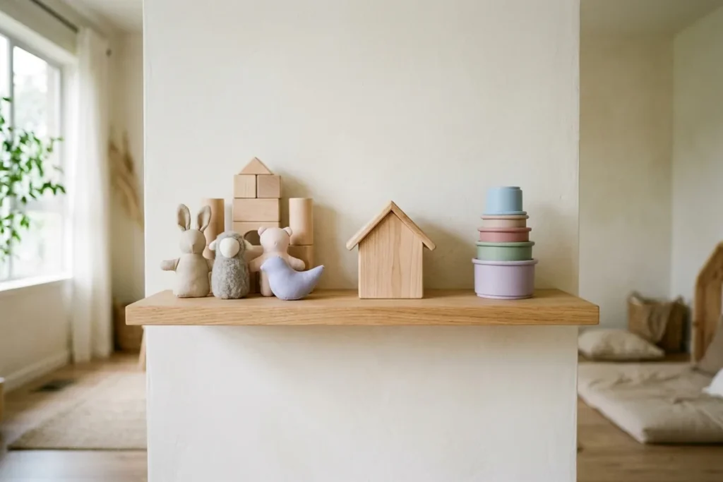 A shelf of wooden blocks, a small wooden house and stacking cups in soft daylight
