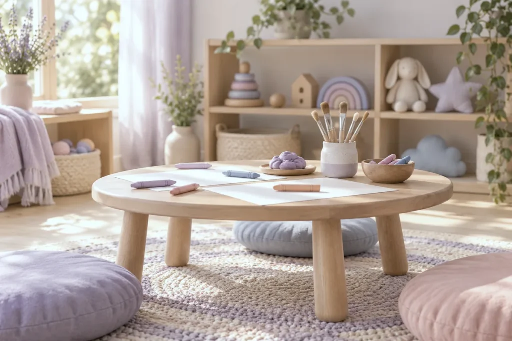 A low wooden table with blank paper, crayons, clay and paintbrushes in a bright playroom