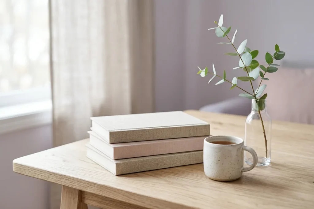 Closed linen books, a ceramic mug and eucalyptus in a vase on a pale wooden table