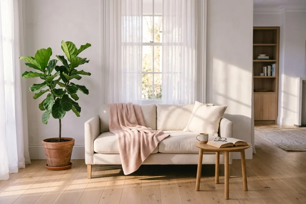 Morning sunlight spreading across a cream sofa with a folded blanket and a leafy plant