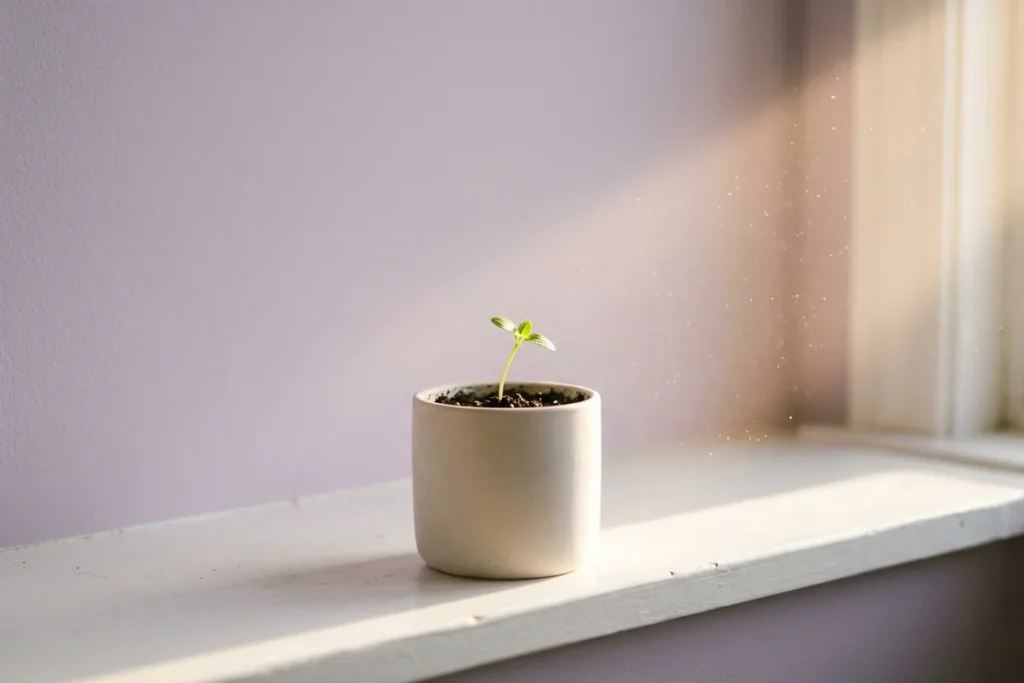 A small seedling on a windowsill leaning toward a beam of sunlight