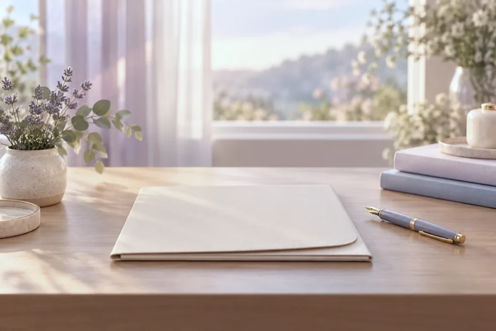 A closed folder and a pen on a neat desk beside a small plant