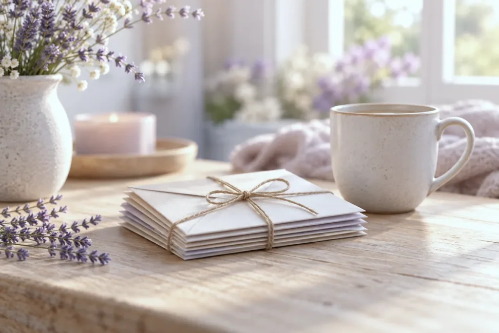 Plain envelopes tied with twine beside a ceramic cup on a wooden table