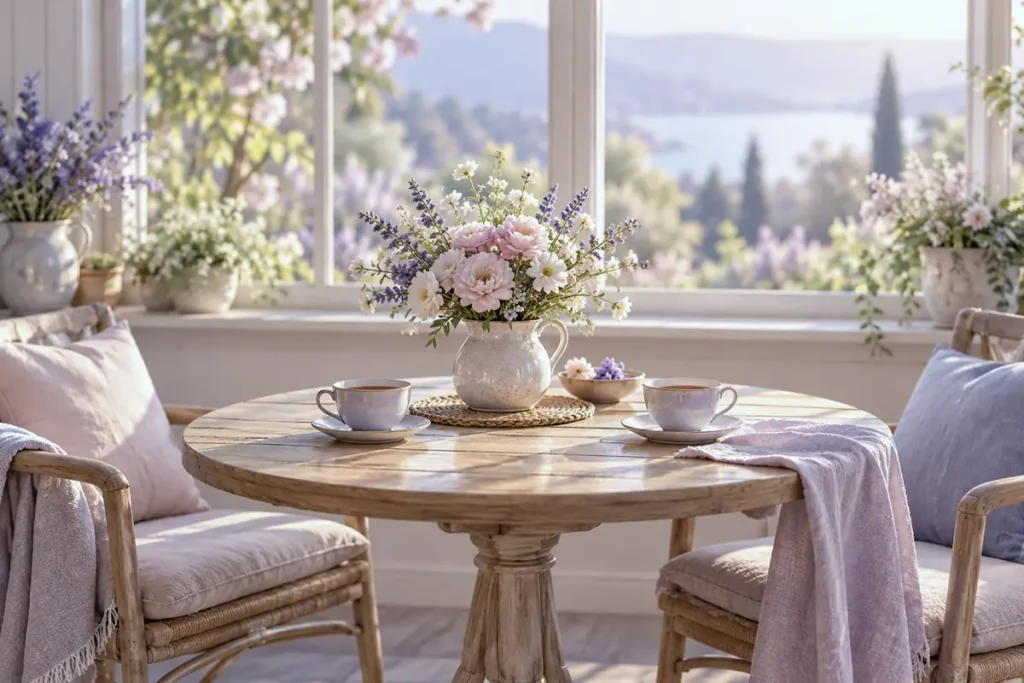A kitchen table with two cups of tea and a small vase of flowers by a window