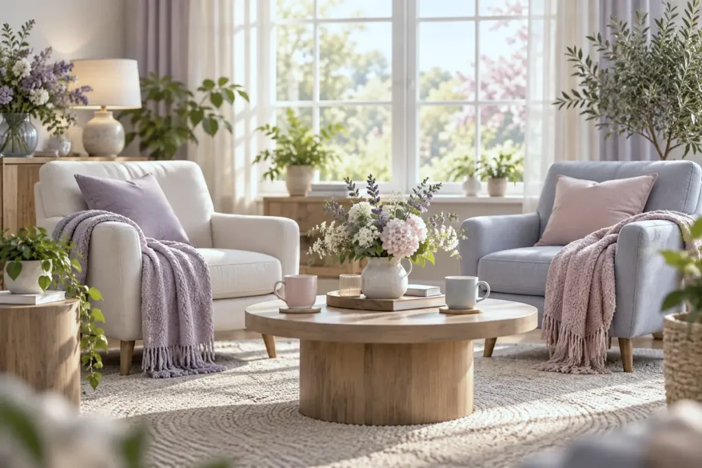 Two comfortable chairs angled toward each other in a bright living room with houseplants