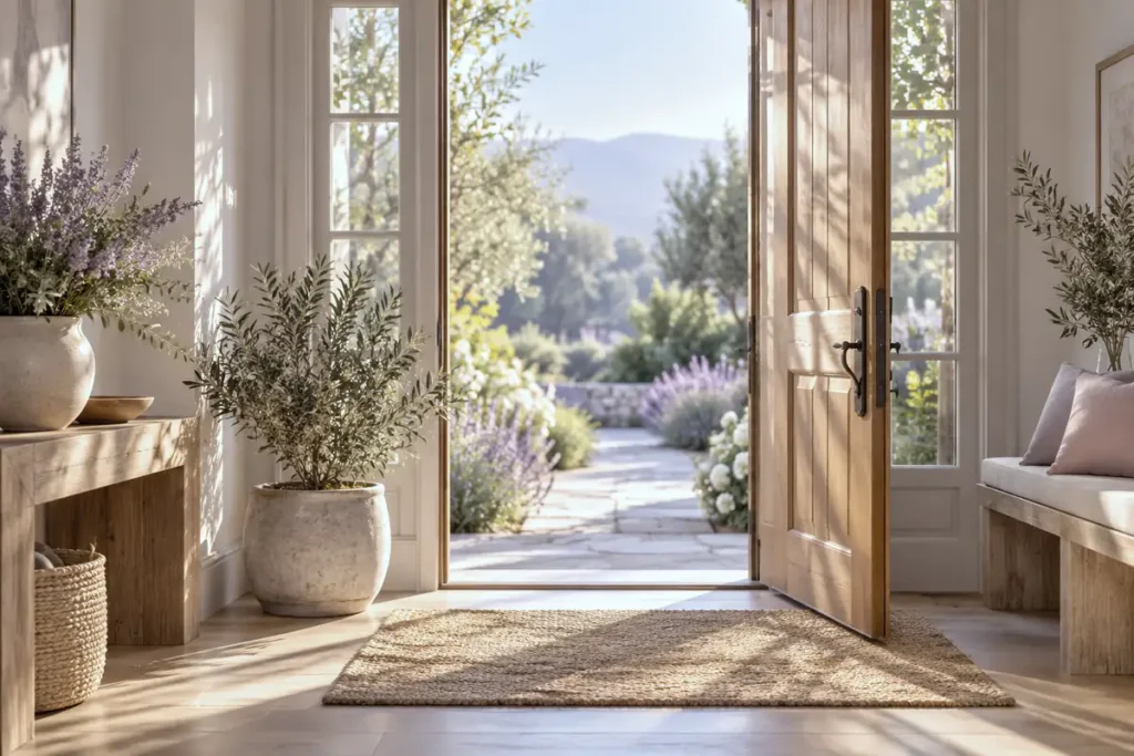 A welcoming front door slightly open with a potted plant and a woven mat