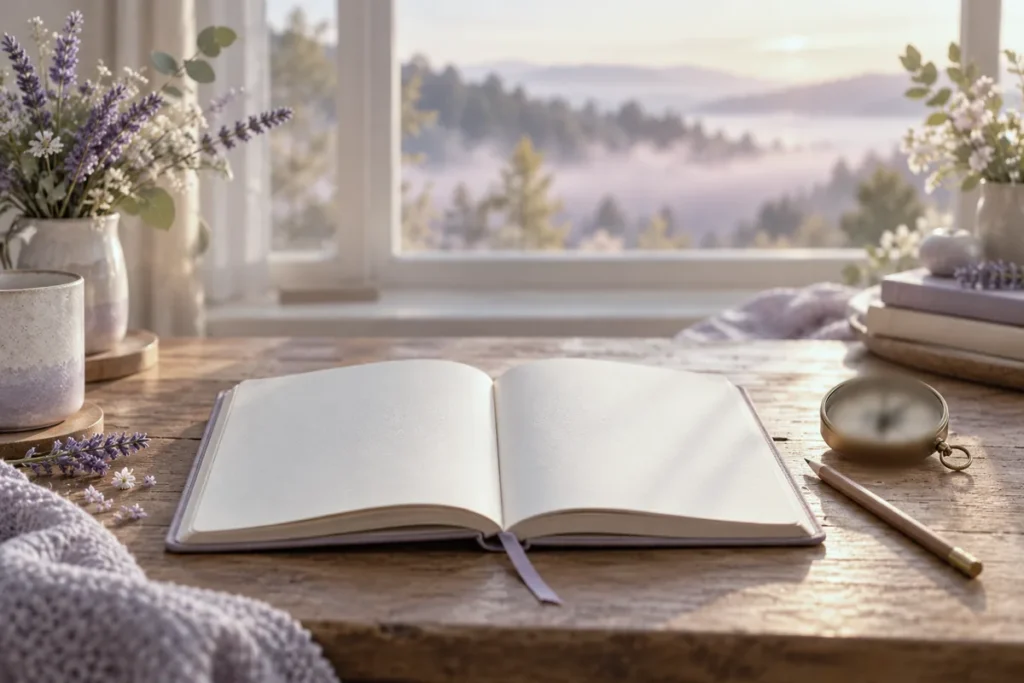 An open blank journal, a pencil and a compass on a wooden table near a window