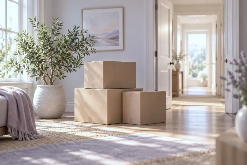 A few moving boxes and a large plant beside an open doorway into a sunlit hallway
