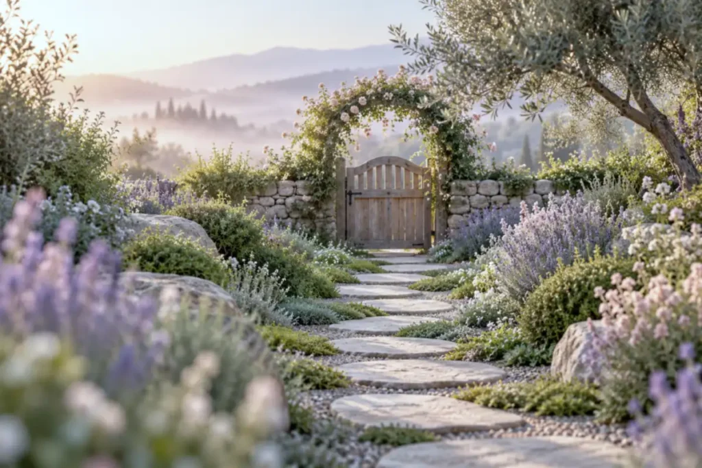 Stepping stones leading through greenery toward a garden gate in morning light