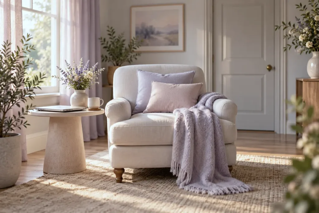 An armchair beside a closed laptop in a quiet room with the door closed