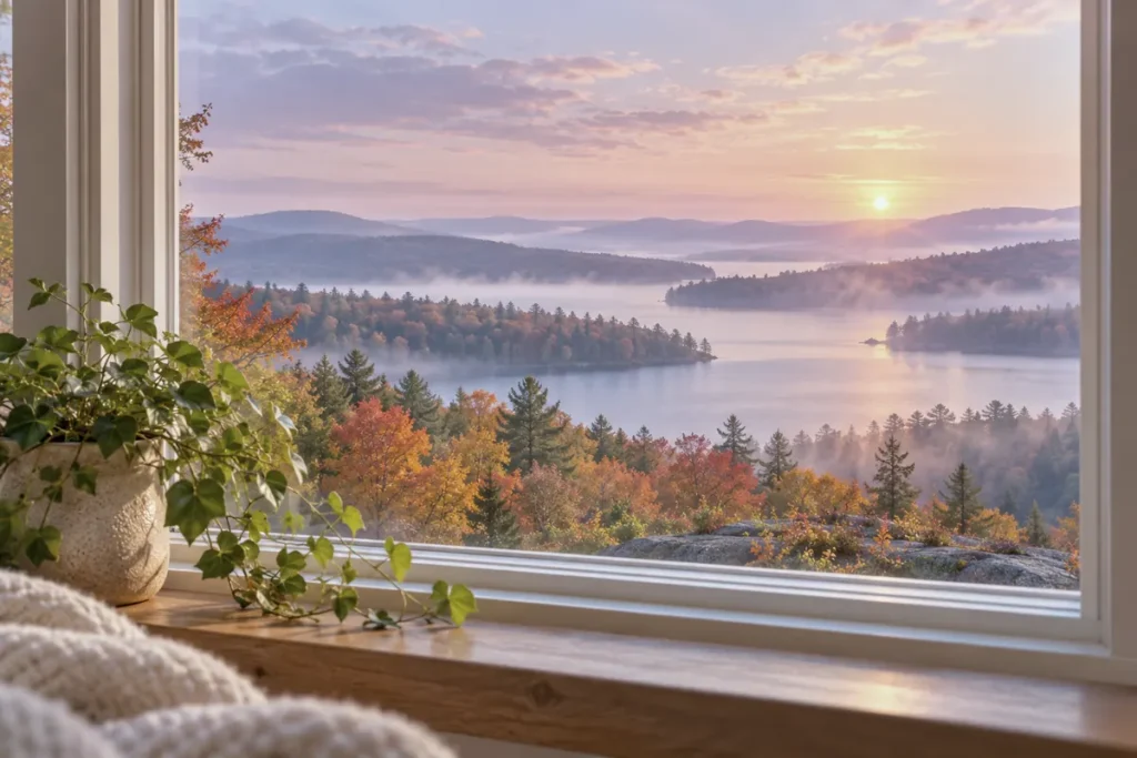A view through a window of autumn trees and a distant lake with a plant on the sill
