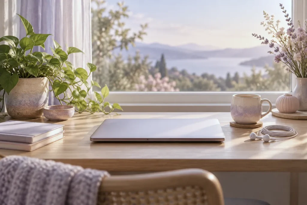 A cosy home desk with a closed laptop, a mug and a plant by a window