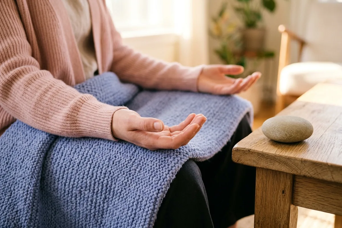 Hands resting open on a blue woven blanket beside a smooth stone in natural sunlight