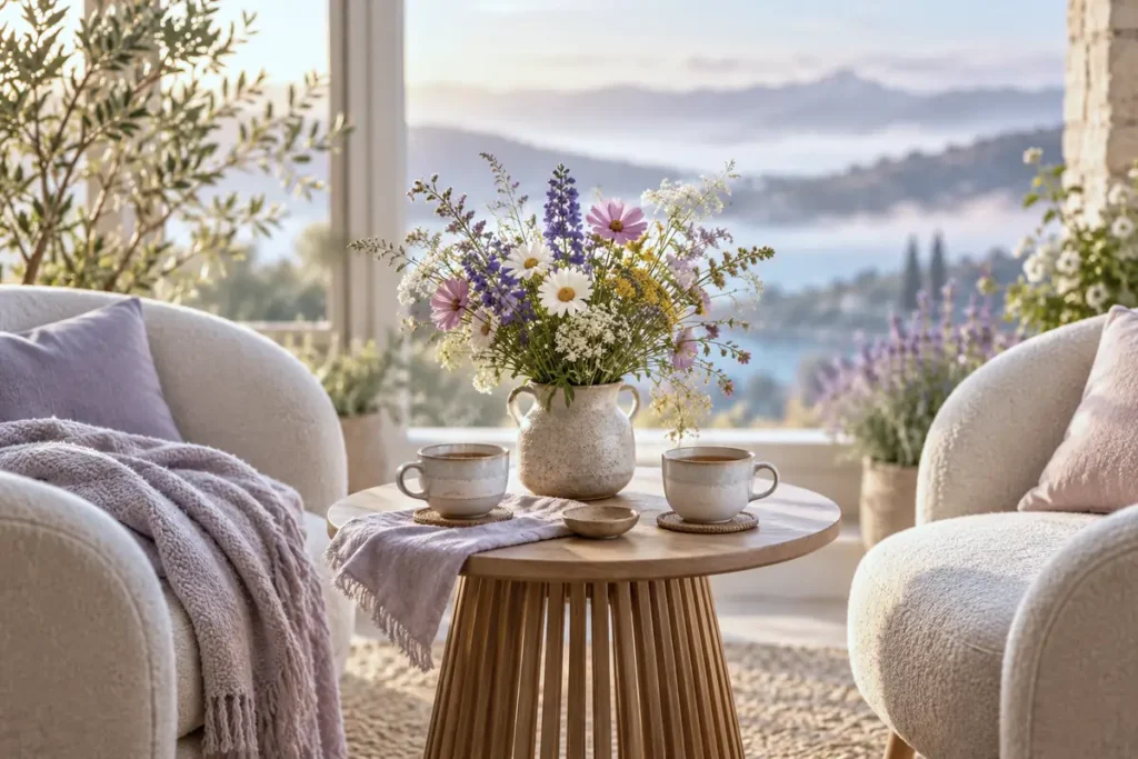 Two mugs of tea on a small table beside a vase of colourful wildflowers