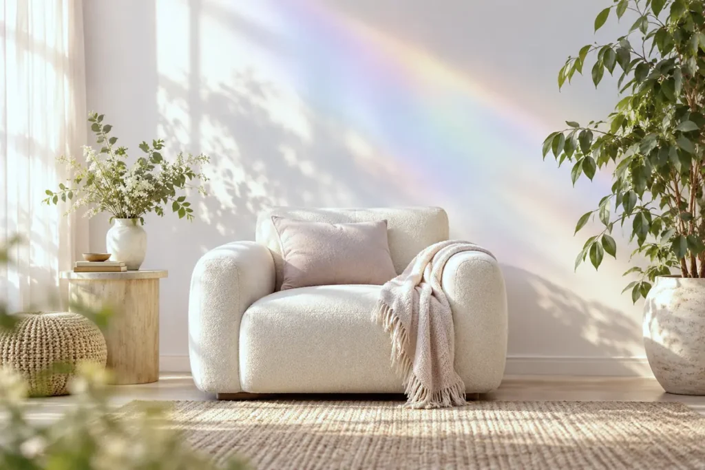 Soft prism light casting gentle colours on a white wall above an armchair