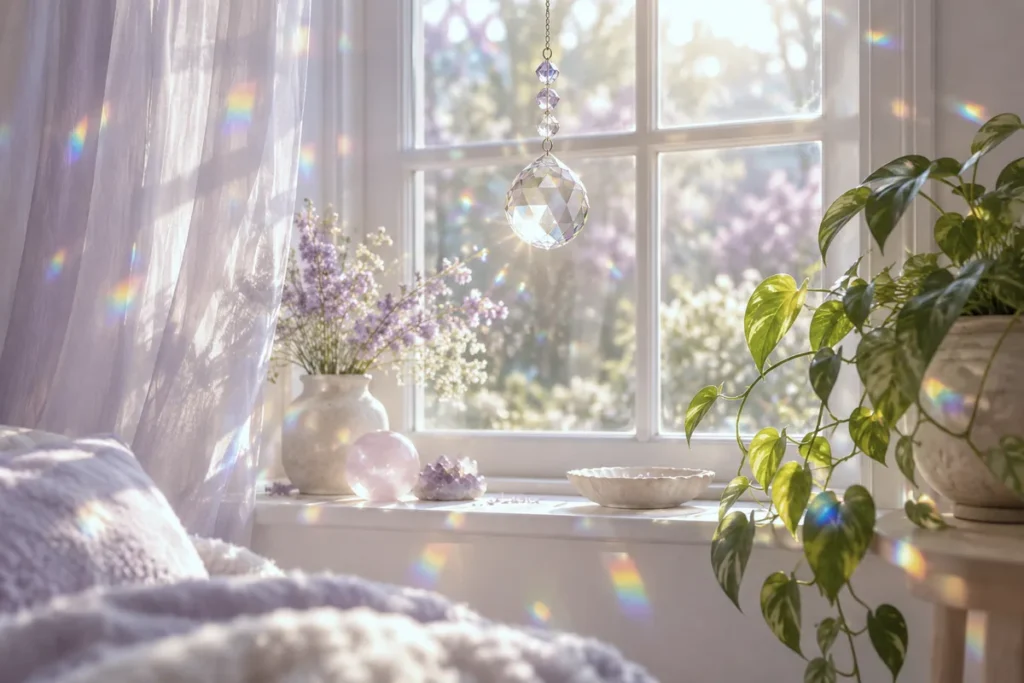 A glass crystal in a sunlit window scattering soft rainbows across a pale room